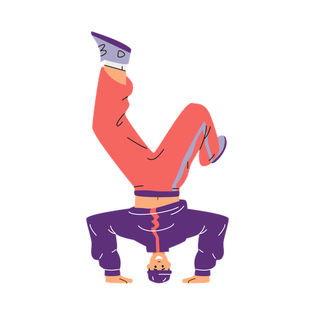 Break dancer standing in complex dance stance on head  Illustration