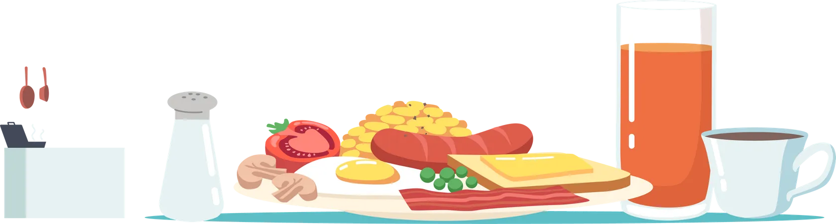 Breakfast table with dishes  Illustration