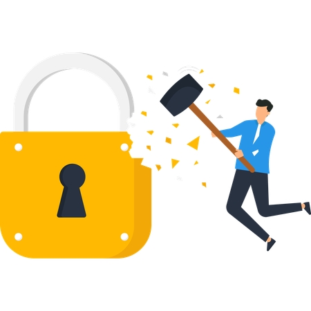 Breaking Barriers Businessman Smashing Padlock Security Breach  Illustration