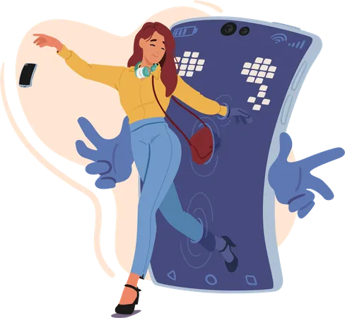 Breaking Free From Smartphone Addiction Determined Woman Emerges From Huge Screen Triumphantly Tossing Her Device Aside Embracing The Liberation From The Digital World Cartoon Vector Illustration Illustration
