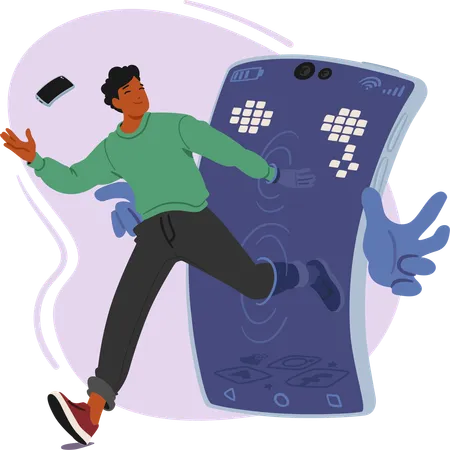 Breaking Free From Smartphone Addiction A Man Emerges Triumphantly From The Colossal Screen Casting Away The Device Liberated He Steps Into The Real World Leaving Digital Chains Behind Vector Illustration
