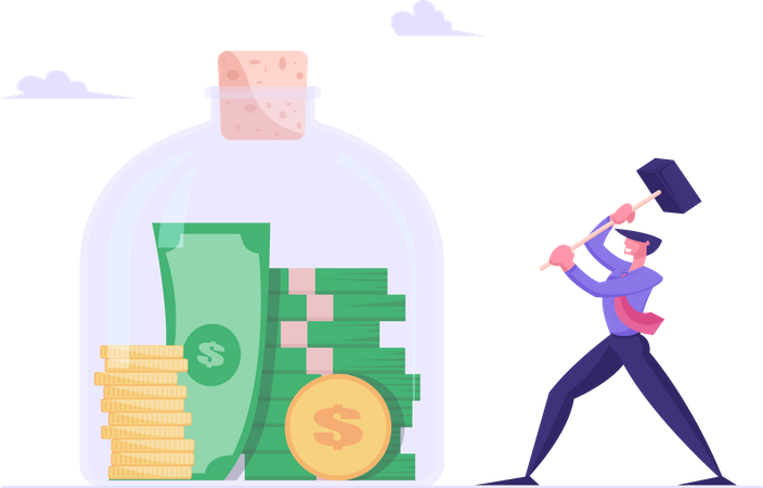 Breaking savings money from jar  Illustration