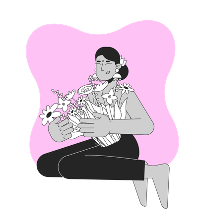 Breast cancer survivor hindu bindi woman embracing florals  Illustration