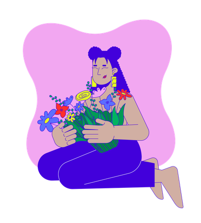 Breast cancer survivor hispanic woman embracing flowers  Illustration