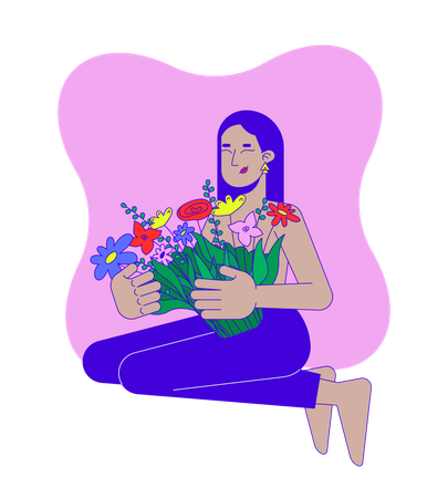 Breast cancer survivor middle eastern woman embracing flowers  Illustration