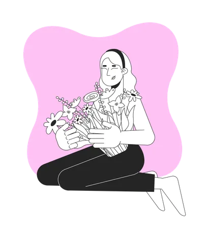 Breast cancer survivor white woman embracing bouquet  Illustration