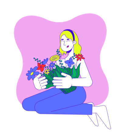 Breast cancer survivor white woman embracing bouquet  Illustration