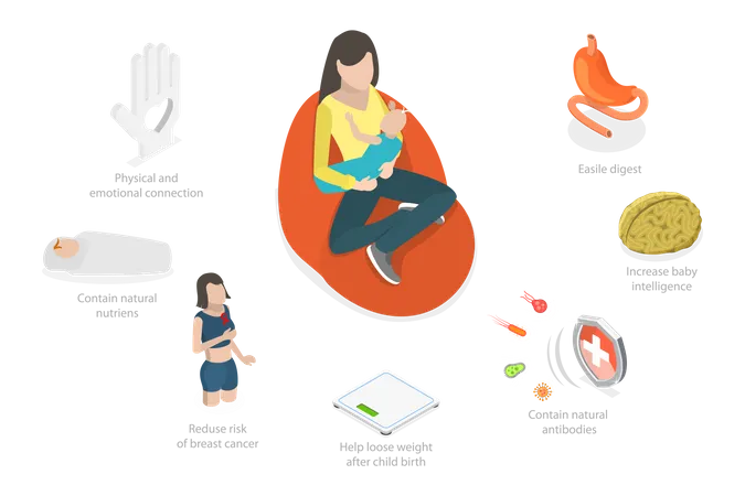 3 D Isometric Flat Vector Conceptual Illustration Of Breast Feeding Benefits Young Woman Nursing Newborn Baby Illustration