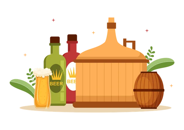 Brewery Production Process With Beer Tank And Bottle Full Of Alcohol Drink For Fermentation In Flat Cartoon Hand Drawn Templates Illustration Illustration