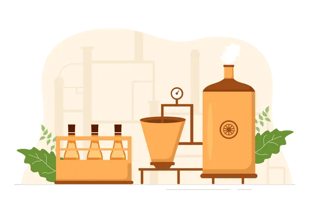 Brewery Production Process With Beer Tank And Bottle Full Of Alcohol Drink For Fermentation In Flat Cartoon Hand Drawn Templates Illustration 일러스트레이션