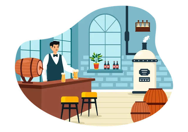 Brewery Production Process Vector Illustration With Beer Tank And Bottle Full Of Alcohol Drink For Fermentation In Flat Cartoon Background 일러스트레이션