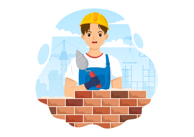 Bricklayer making brick wall  イラスト