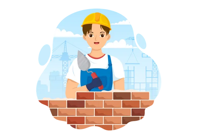 Bricklayer making brick wall  Illustration