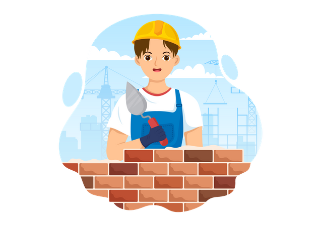 Bricklayer making brick wall  Illustration