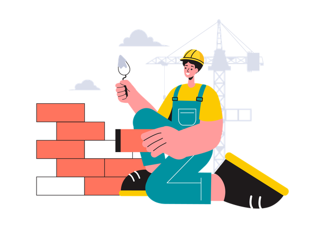 Bricklayer Worker setting bricks for wall building  Illustration