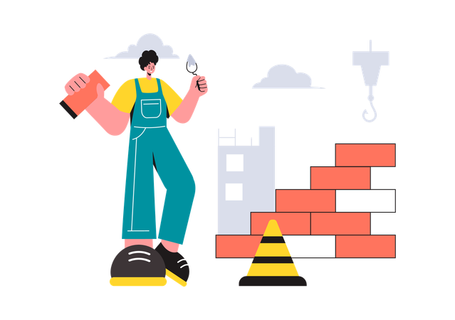 Bricklayer Worker works under construction site  Illustration