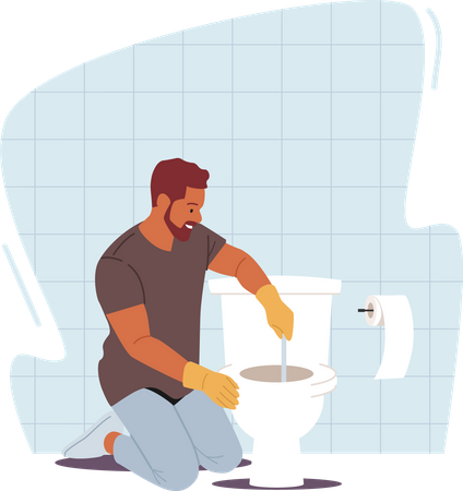 Un bricoleur enlève le blocage avec le piston dans les toilettes  Illustration