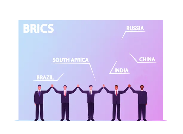 BRICS Vereinigung Bedeutender Aufstrebender Nationalokonomien Brasilien Russland Indien China Sudafrika Landerfuhrer Charaktere Die Hande Auf Weltkarte Hintergrund Halten Karikatur Leute Vektor Abbildung Illustration