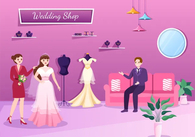 Bridal trying dress in wedding shop  Illustration