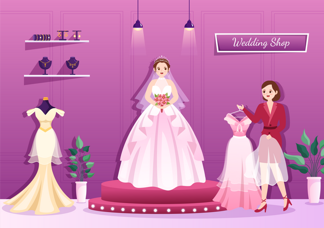 Bridal trying dress in wedding shop  Illustration