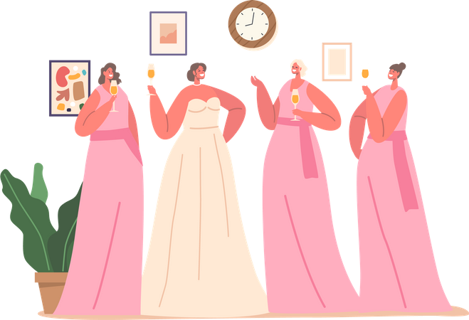 Bride And Bridesmaid Celebrate With Champagne  Illustration