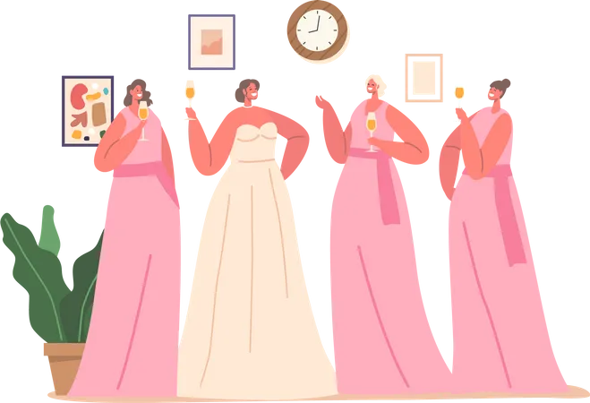Bride And Her Bridesmaid Characters Celebrate With Champagne Toasting To Joy And Love In Elegant Dresses Creating Unforgettable Pre Wedding Memories Cartoon People Vector Illustration Illustration
