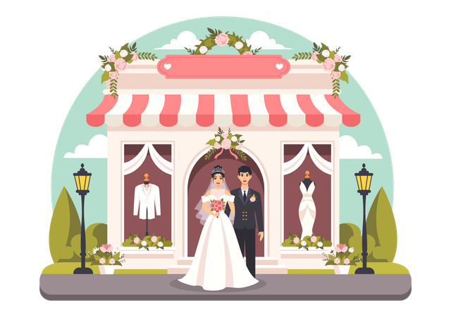 Bride and Gowns at Wedding Shop  일러스트레이션