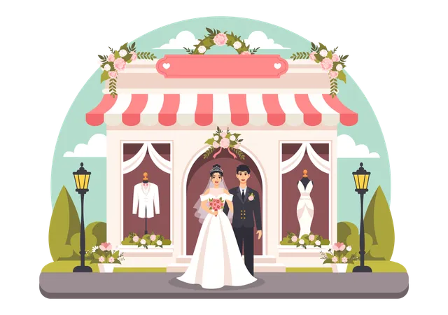 Wedding Shop Vector Illustration With Lover Looking For Jewellery Beautiful Bride Gowns And Accessories To Get Married In Flat Cartoon Background Illustration