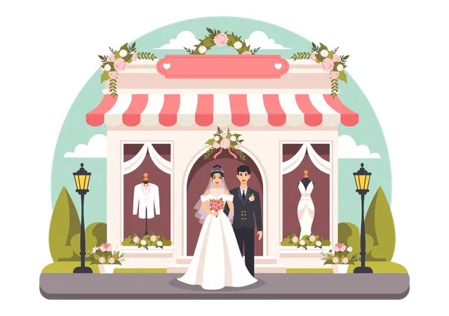 Bride and Gowns at Wedding Shop  Illustration