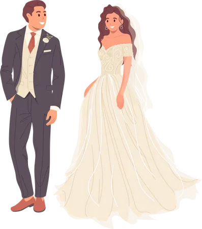 Elegant Bride And Groom Couple Newlyweds Cartoon Character Wearing Trendy Fashion Bridal Outfit Isolated Vector Illustration Stylish Handsome Marriage Guy And Gorgeous Girl Smiling Standing Together Illustration
