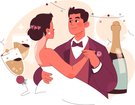 Bride and groom doing wedding dance with Champagne  Illustration