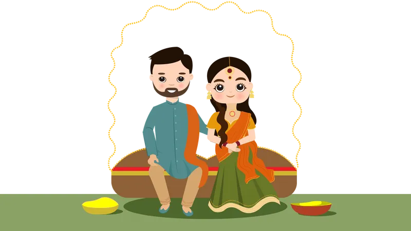 Bride and Groom enjoying Haldi Ceremony  Illustration