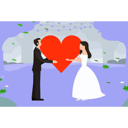 Bride and groom holding hearts Illustration