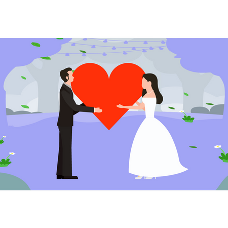 Bride and groom holding hearts  Illustration