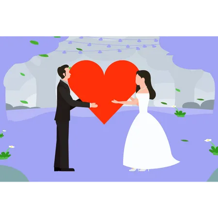 Bride and groom holding hearts  Illustration