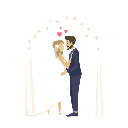 People Celebrating Wedding Day Vector Man And Woman Wearing Formal Clothes Standing Under Arch Decorated With Veil And Mesh Hearts And Love Flat Style Illustration