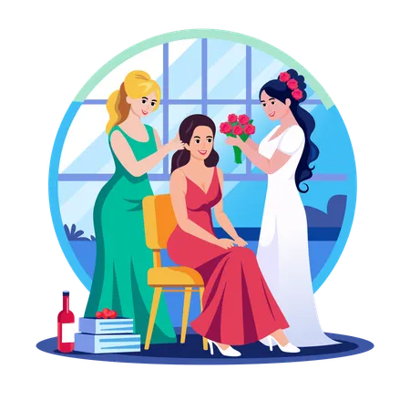 Bride friends standing with bride  Illustration
