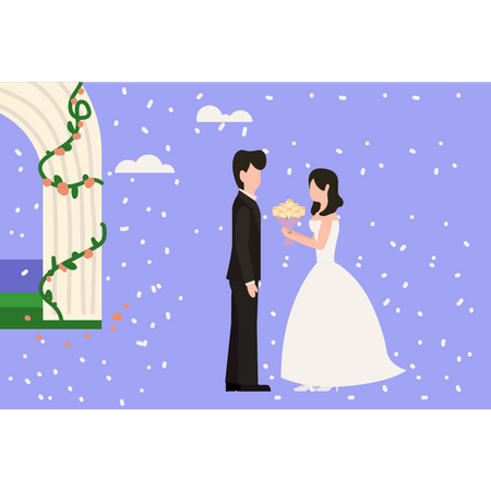 Bride giving bouquet to groom Illustration