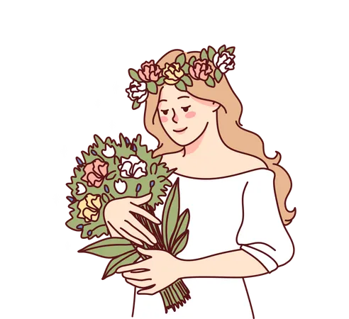 Bride holding flower bouquet  Illustration