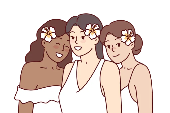 Diverse Beautiful Women With Flowers In Hair Are Dressed In Elegant Dresses For Wedding Ceremony Three Multicultural Young Bridesmaids At Wedding Ceremony Or White Party Attendees Illustration