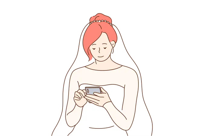 Communication Wedding Technology Media Concept Young Happy Smiling Woman Girl Bride Cartoon Character Sits Using Smartphone For Social Network And Sharing News Digital Technologies Illustration Illustration