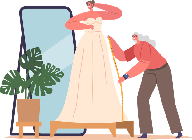 Bride Stands at Mirror and Tailor measured Wedding Dress  Illustration