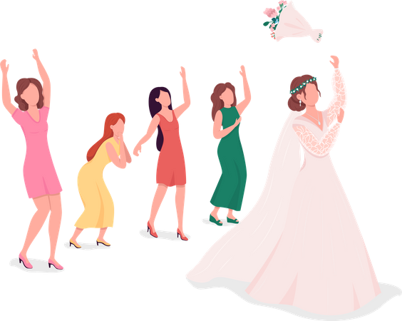 Bride throwing flowers to bridesmaids Illustration