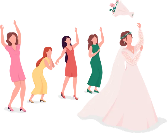 Bride Throwing Flowers To Bridesmaids Semi Flat Color Vector Characters Standing Figures Full Body People On White Wedding Isolated Modern Cartoon Style Illustration For Graphic Design Animation Illustration
