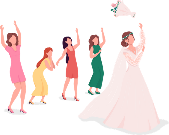 Bride throwing flowers to bridesmaids  Illustration