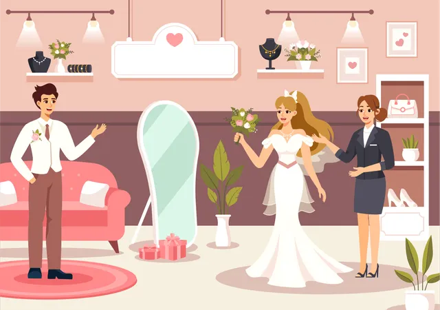 Bride Try Wedding Dress at shop  Illustration
