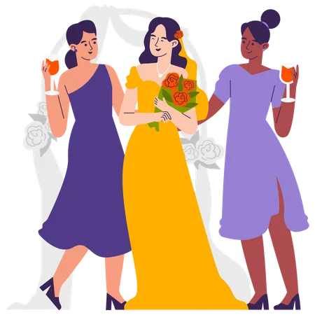 Bridesmaid walk along aisle  Illustration