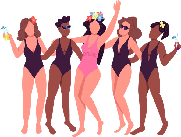 Bridesmaids On Beach Party Semi Flat Color Vector Characters Active Figures Full Body People On White Celebrate Isolated Modern Cartoon Style Illustration For Graphic Design And Animation Illustration