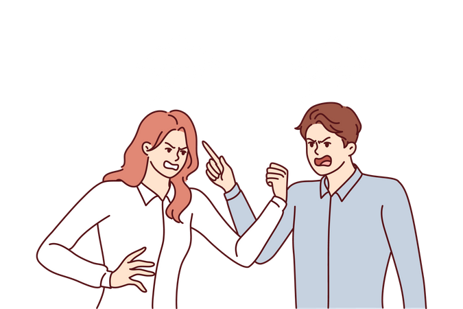 Briga entre homem e mulher gritando com raiva e apontando o dedo para o interlocutor  Ilustração