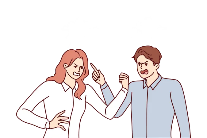 Briga entre homem e mulher gritando com raiva e apontando o dedo para o interlocutor  Ilustração
